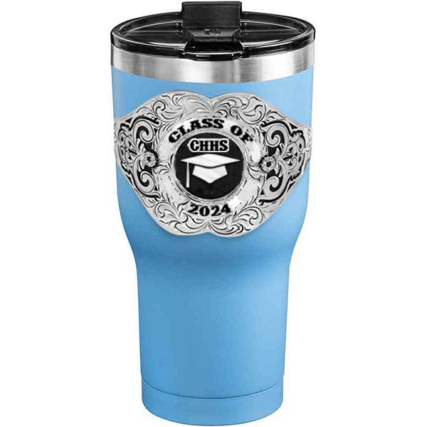 A customized tumbler made of stainless steel with a personalized engraved Class of 2024 lettering with graduate cap figure, 30 oz, ideal for coffee or cool drinks